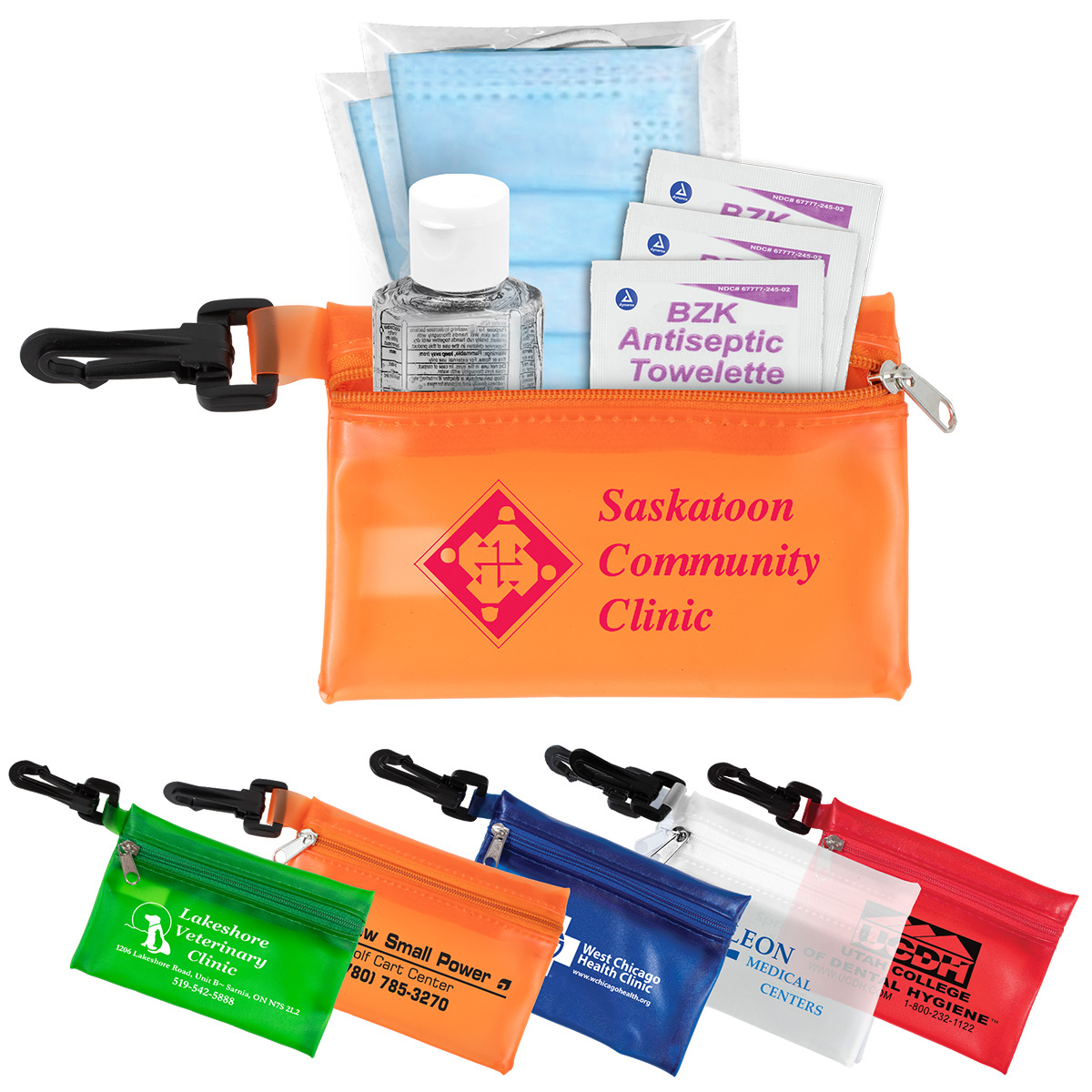 "Everything Essential" Mask & Sanitizing Protection Pack in Translucent Zipper Pouch With Plastic Hook Attachment